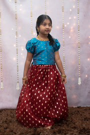 Blue Raw Silk Top With Maroon Golden Butti Skirt