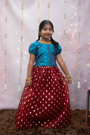Blue Raw Silk Top With Maroon Golden Butti Skirt