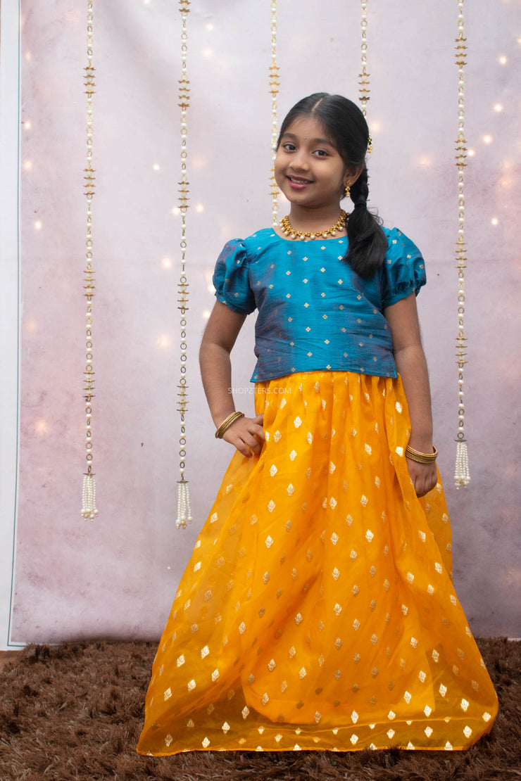 Blue Raw Silk Top With Yellow Golden Butti Skirt