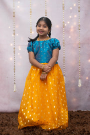 Blue Raw Silk Top With Yellow Golden Butti Skirt