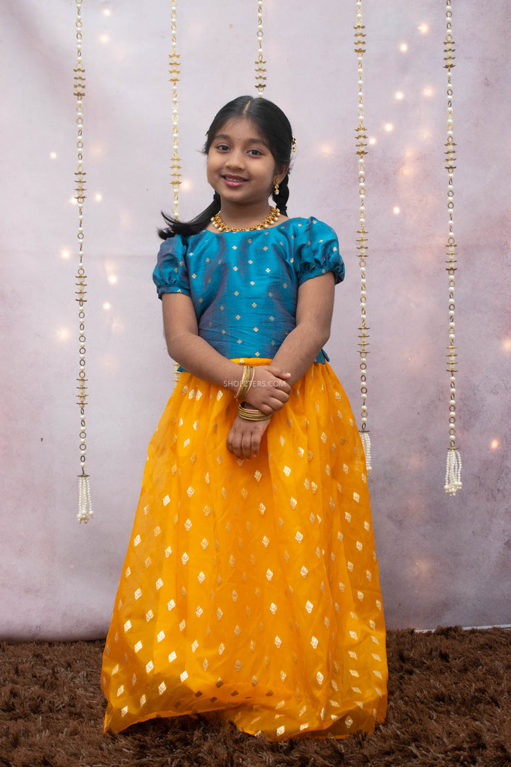 Blue Raw Silk Top With Yellow Golden Butti Skirt