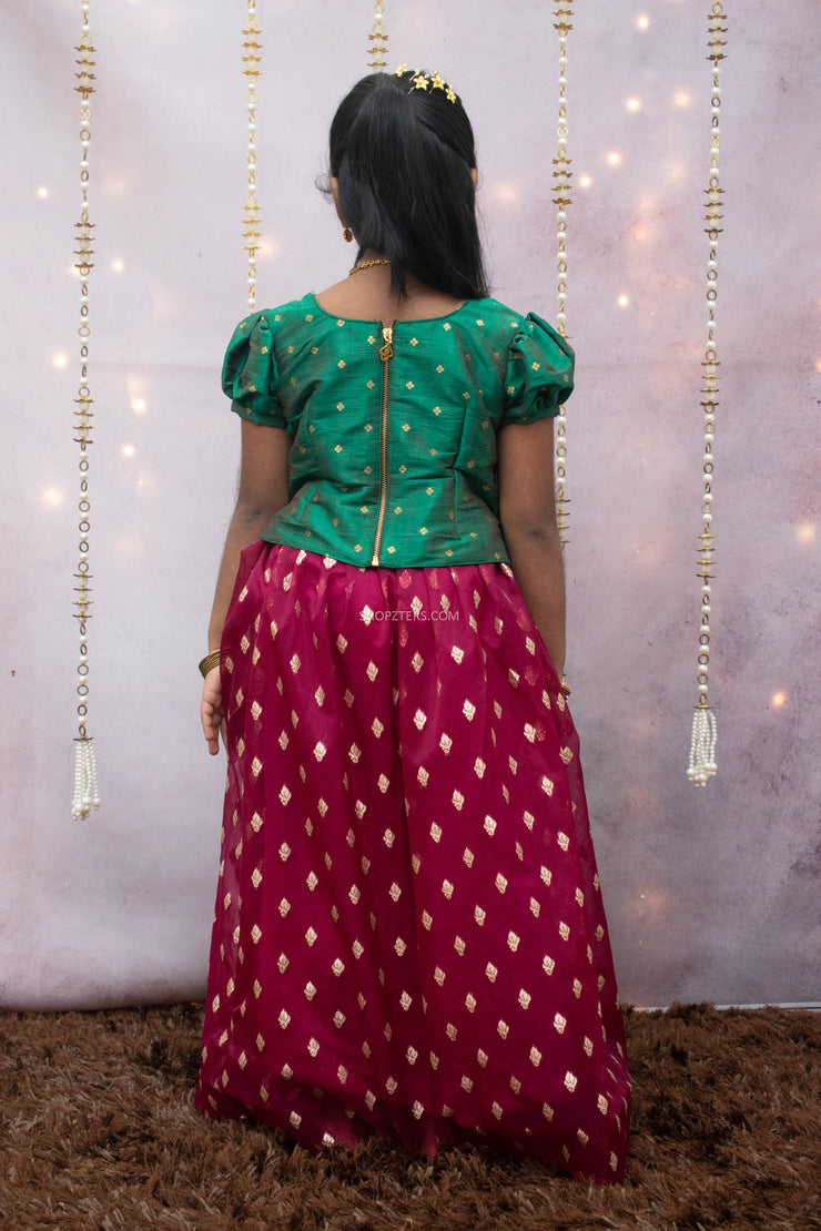 Magenta Organza Skirt With Green Top