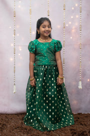Green Raw Silk Top With  Golden Butti Skirt