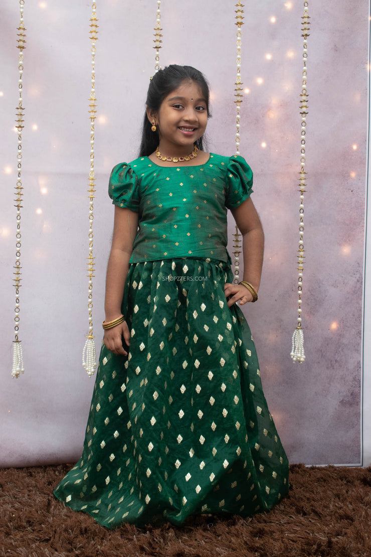 Green Raw Silk Top With  Golden Butti Skirt