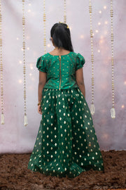 Green Raw Silk Top With  Golden Butti Skirt
