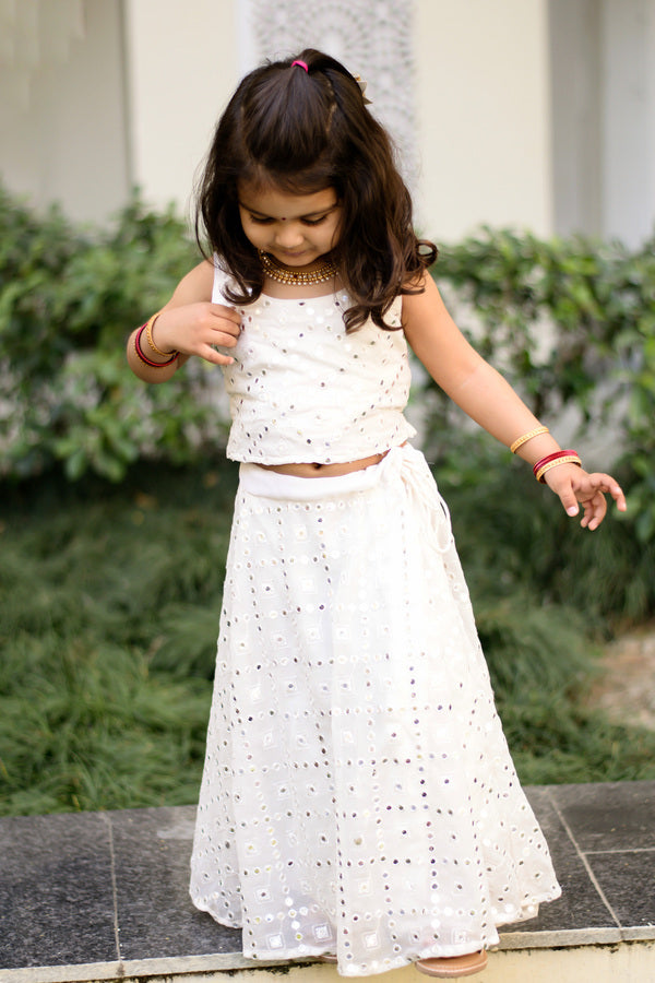 White Silhouette Hand Embroidery Top and Skirt