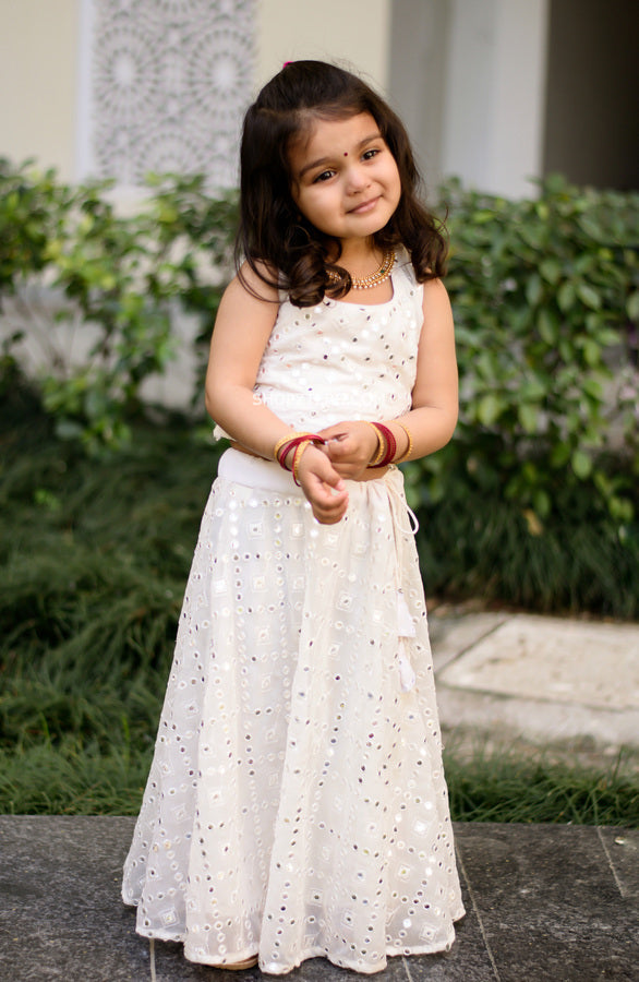 White Silhouette Hand Embroidery Top and Skirt