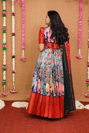 Grey and Red Banarasi Gown With Georgette Dupatta