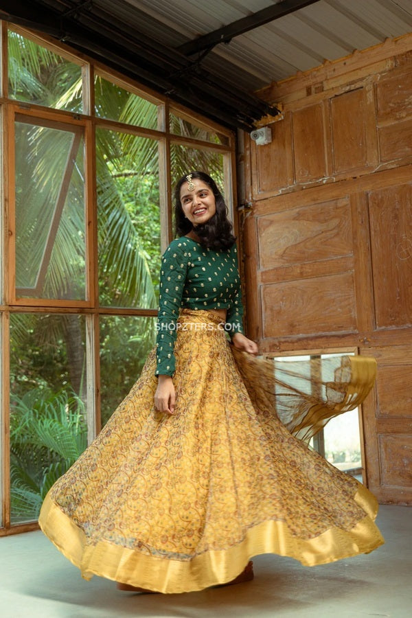 Bottle Green Embroidered Crop Top and Golden Yellow Kalamkari Skirt