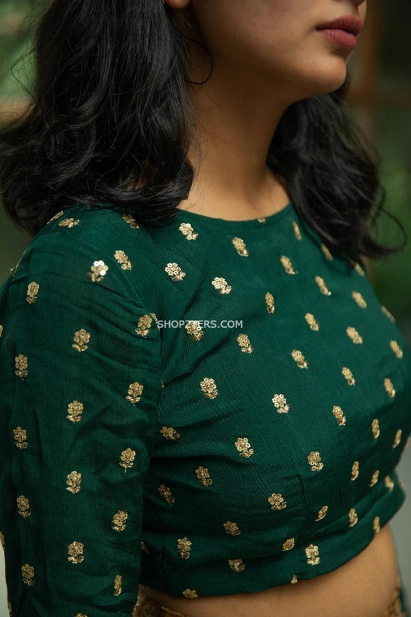 Bottle Green Crop Top and Purple Skirt with Gold Butta