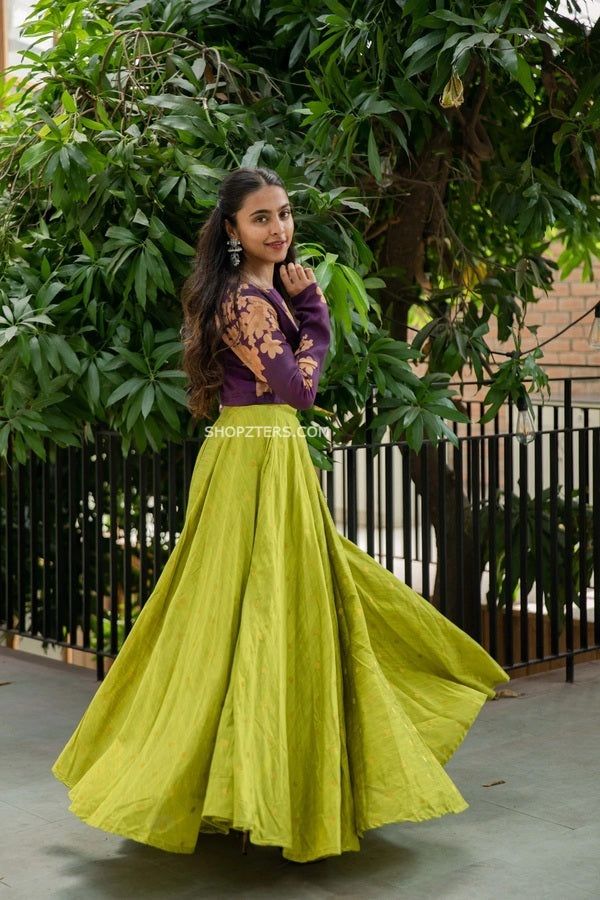 green skirt yellow long skirt with crop top