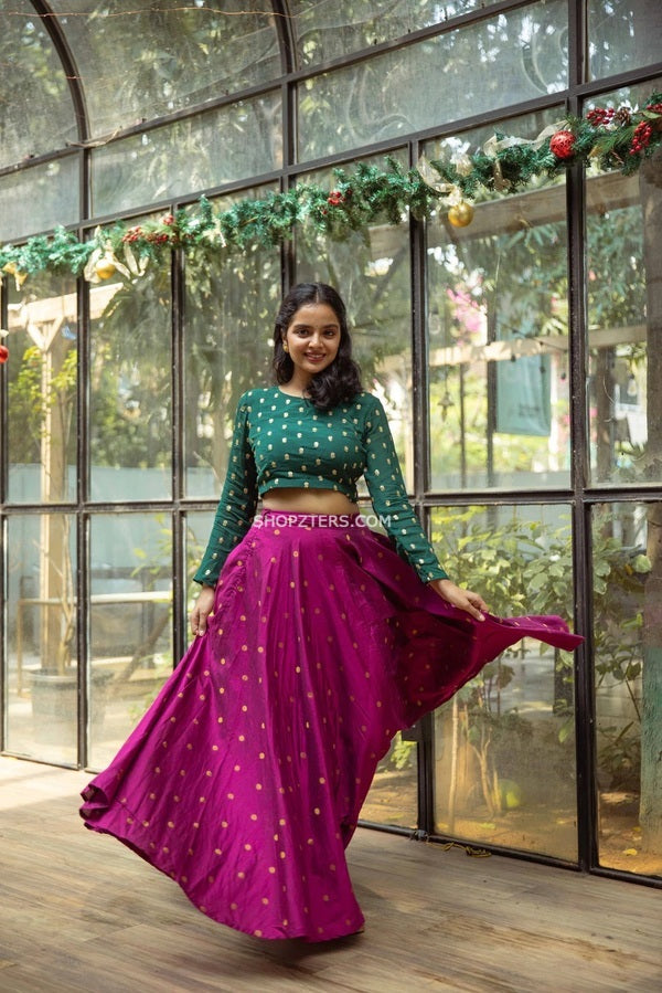 Bottle Green Crop Top and Purple Skirt with Gold Butta