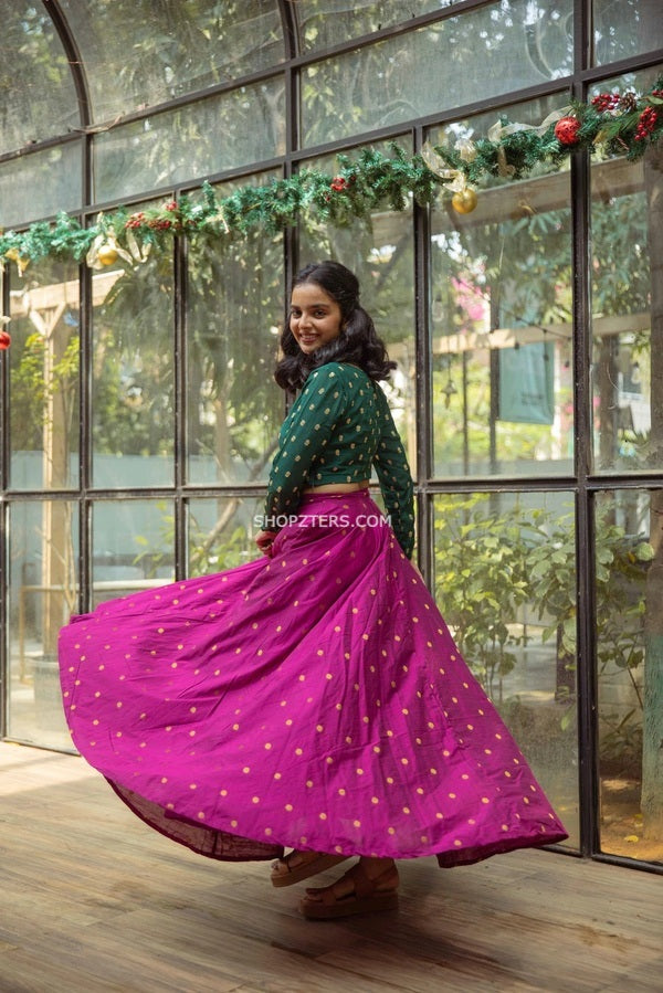 Set Of 3 Multicolor Banarasi Jacquard Crop Top Skirt  Green Silk Or   TJORI