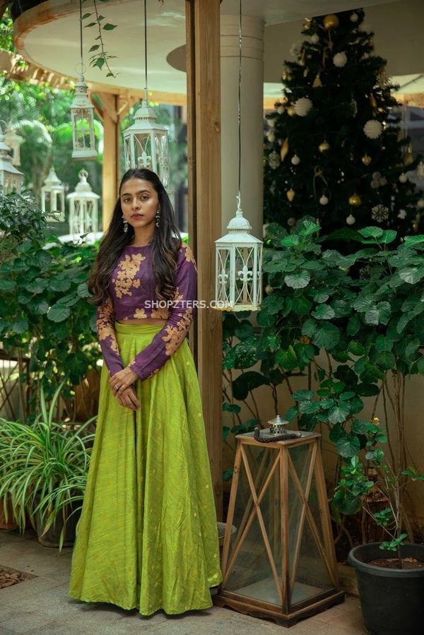 Purple Floral Crop Top and Lime Green Dupion Silk Skirt Purple Floral Crop Top and Lime Green Dupion Silk Skirt