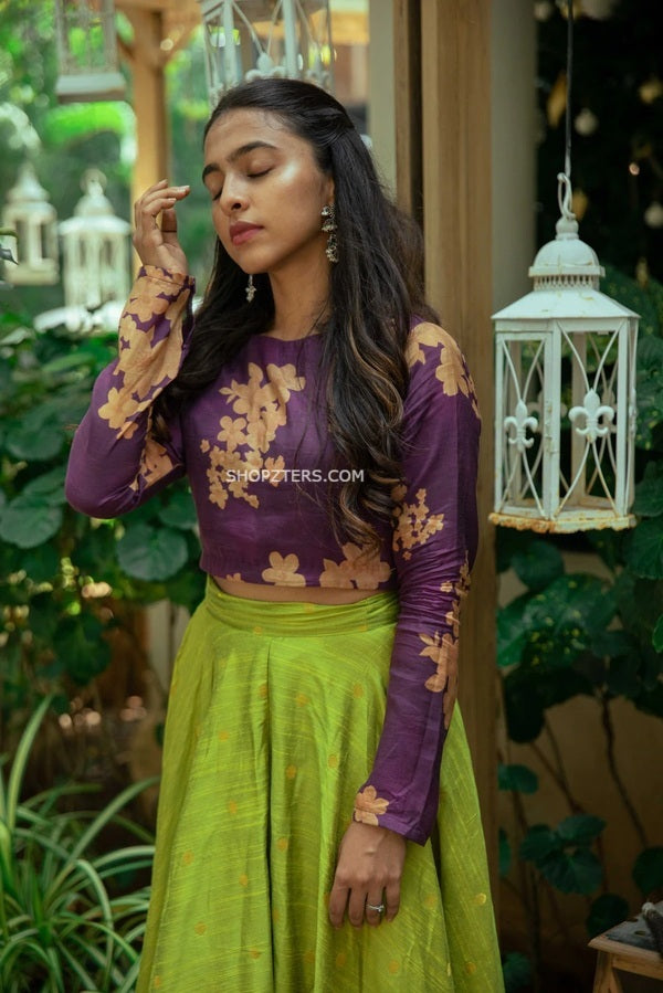 Purple Floral Crop Top and Lime Green Dupion Silk Skirt
