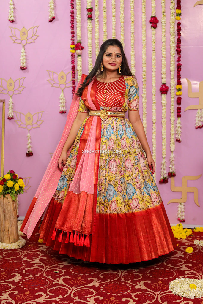 Yellow Kalamkari Gown With Pink Georgette Dupatta