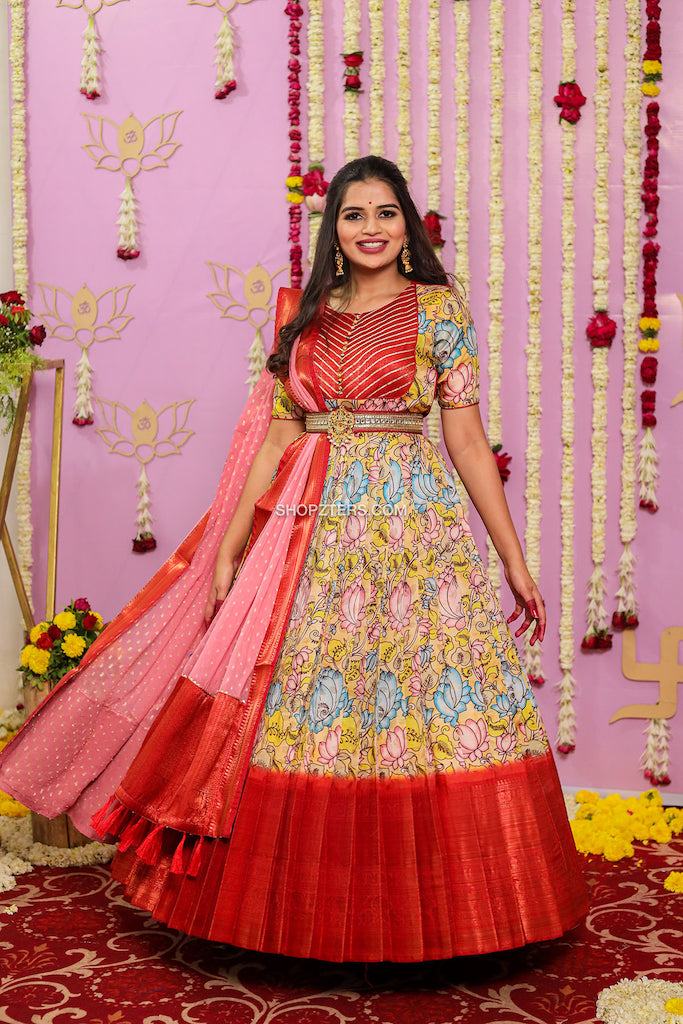 Yellow Kalamkari Gown With Pink Georgette Dupatta