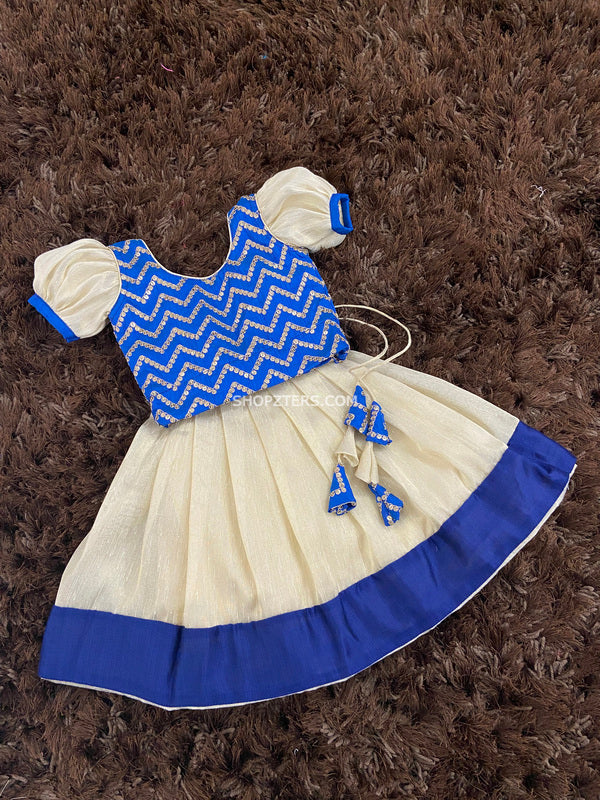 Blue Brocade Top With Gold Khadhi Tissue Skirt