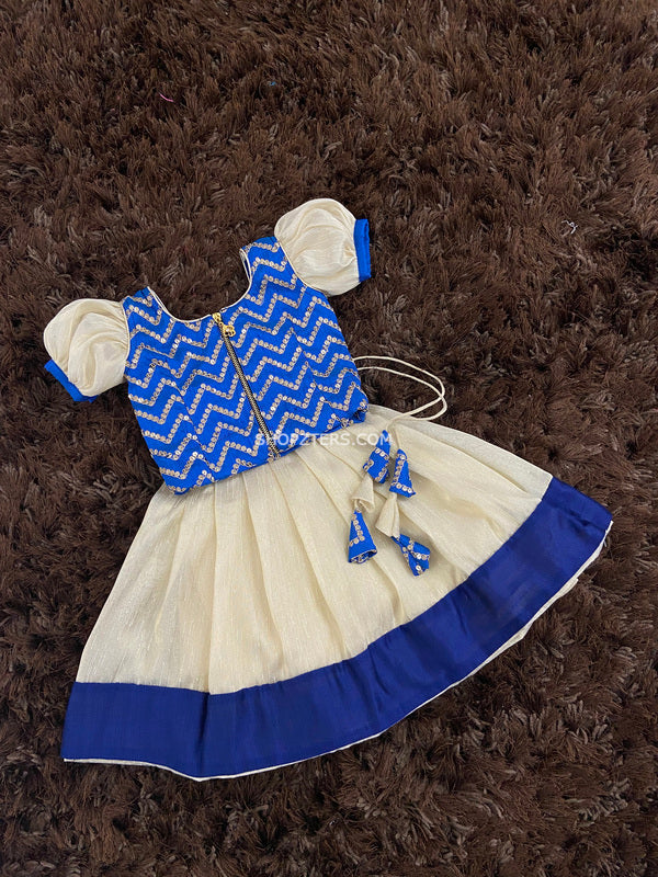 Blue Brocade Top With Gold Khadhi Tissue Skirt
