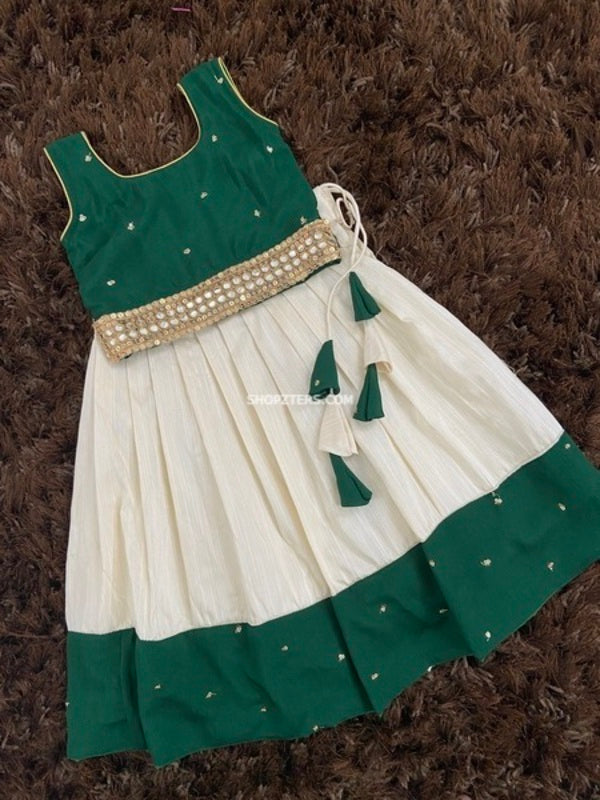 Green Croptop With Cream Skirt