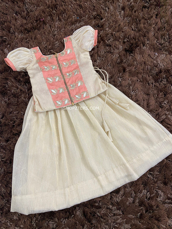 Peach Brocade Top With Gold Khadhi Tissue Skirt