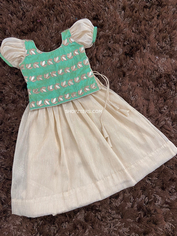 Teal Brocade Top With Gold Khadhi Tissue Skirt