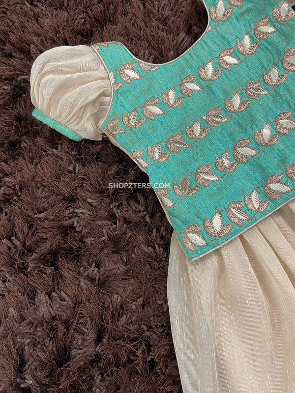 Teal Brocade Top With Gold Khadhi Tissue Skirt