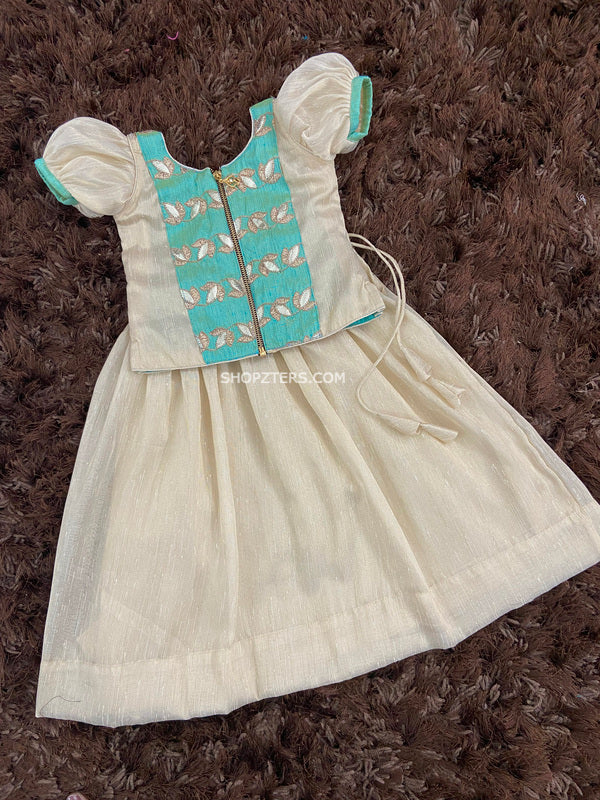 Teal Brocade Top With Gold Khadhi Tissue Skirt
