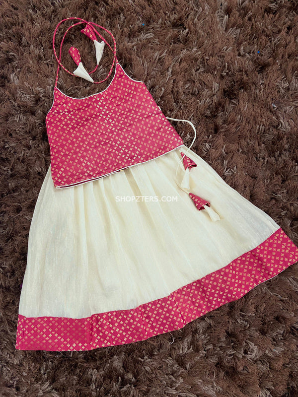 Maroon Banaras Top With Cream Skirt