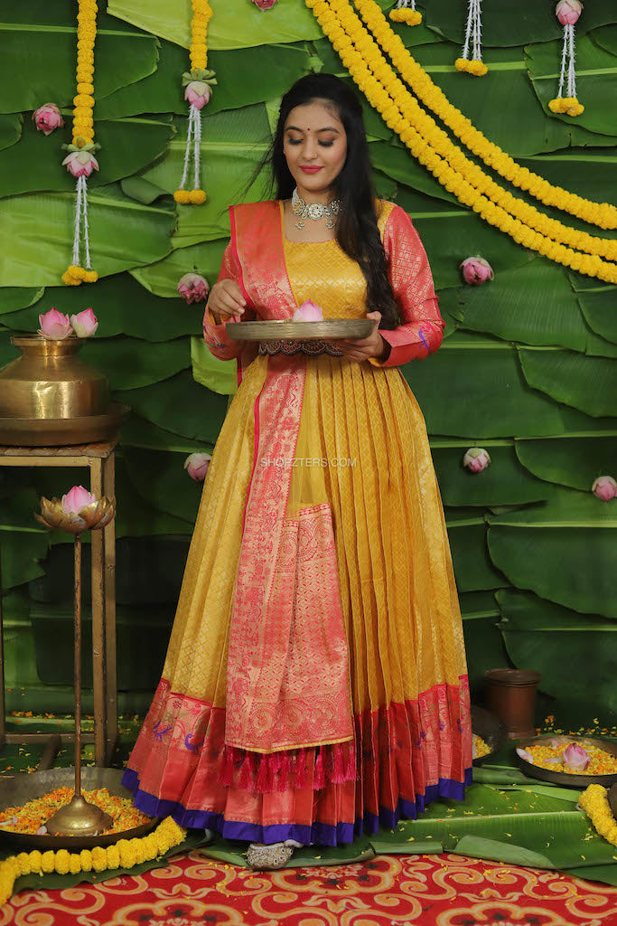 Yellow Banarasi Silk Dress with Full Sleeves, Dupatta & Belt