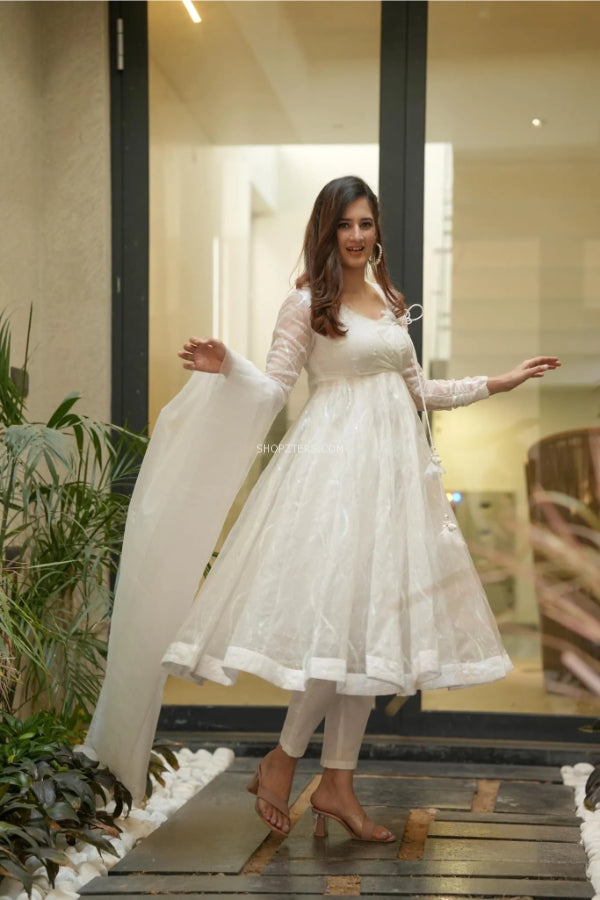 White Organza Floral Print Anarkali Suit Set | Organza suits, Stylish dress  book, Indian fashion