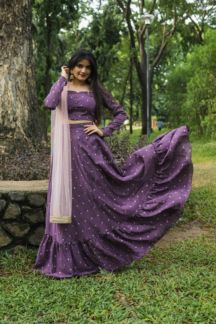 Plum Violet Flared Lehenga With Embroidered Buttas