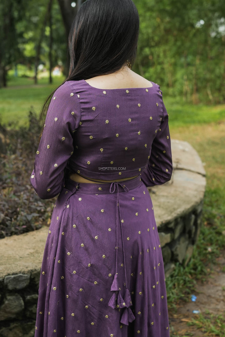 Plum Violet Flared Lehenga With Embroidered Buttas