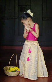 Pink Dupion Butta Top With Gold Silk Zari Skirt