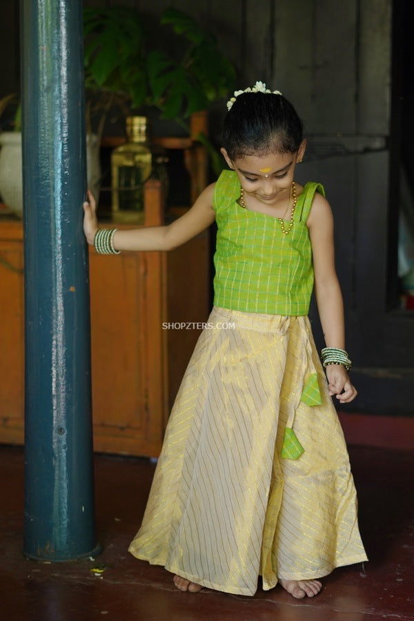 Green Cotton Zari Top With Gold Silk Zari Skirt