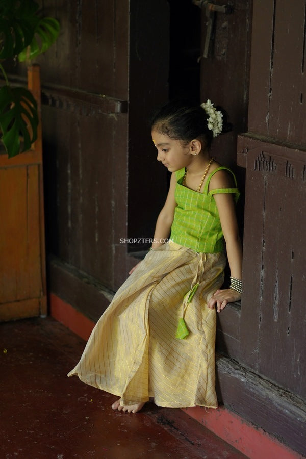 Green Cotton Zari Top With Gold Silk Zari Skirt