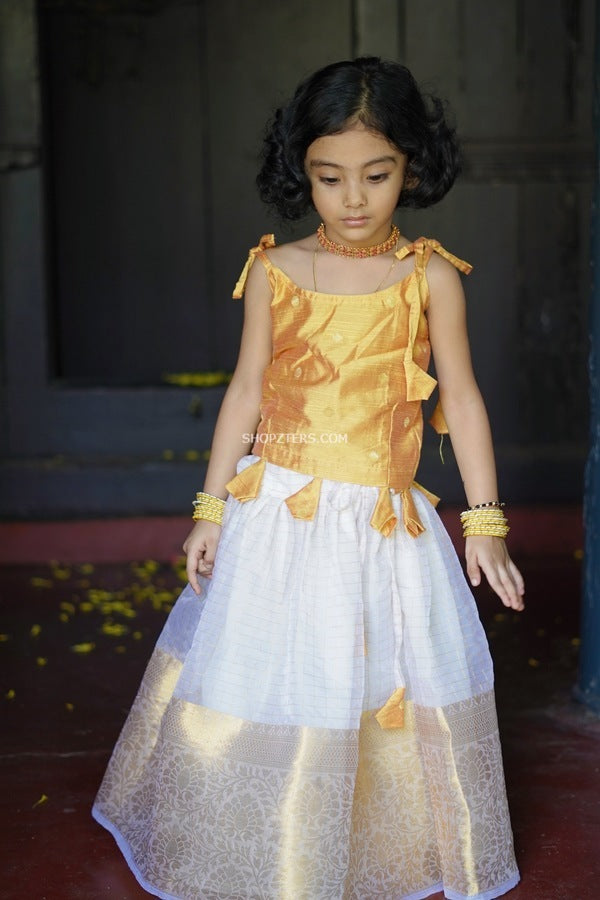 Yellow Dupion Butta Top With Organza Off White Skirt