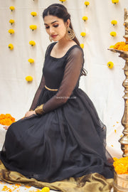 Black Georgette Maxi Dress With Dull Gold Border