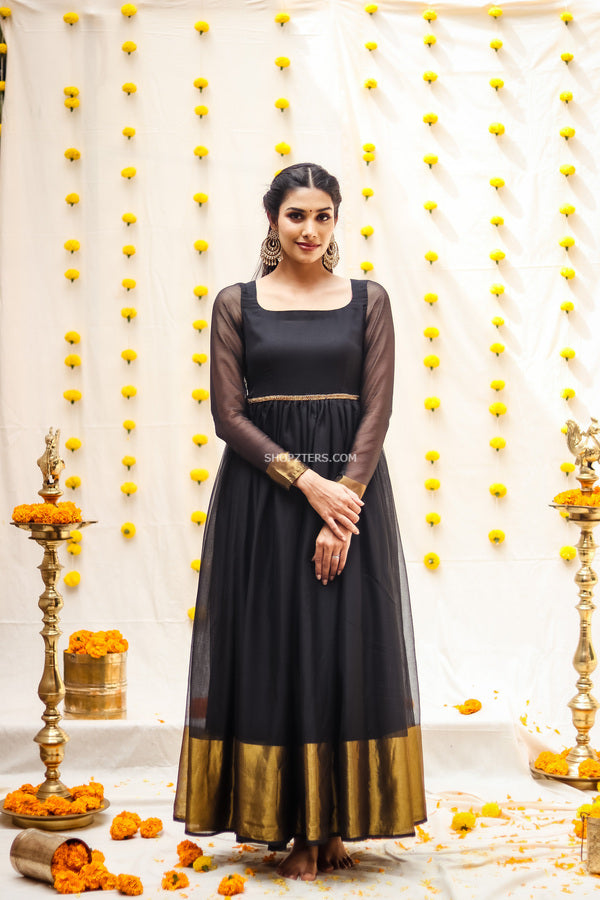 Black Multicolour Long Kalidaar Dress with Border Details – Rustorange
