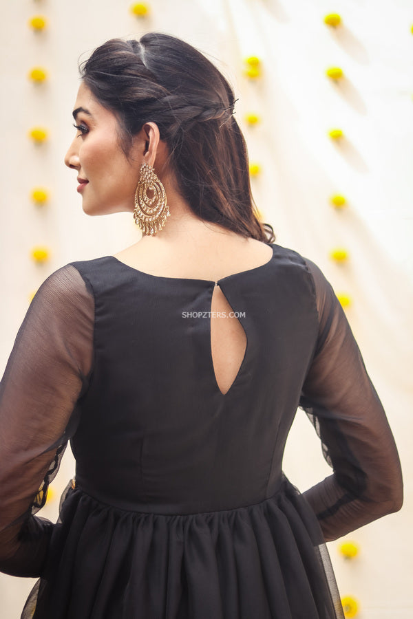 Black Georgette Maxi Dress With Dull Gold Border