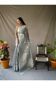 Linen Silk Sarees with Silver Zari Weaving Leaf Motifs