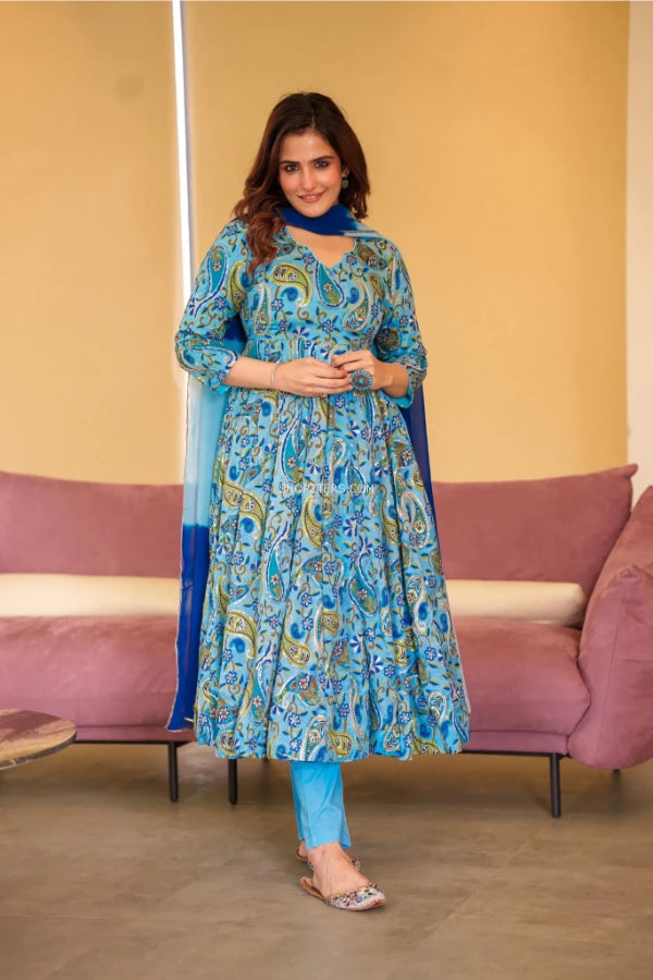 Sky Blue Chinnon Embroidered Suit Set
