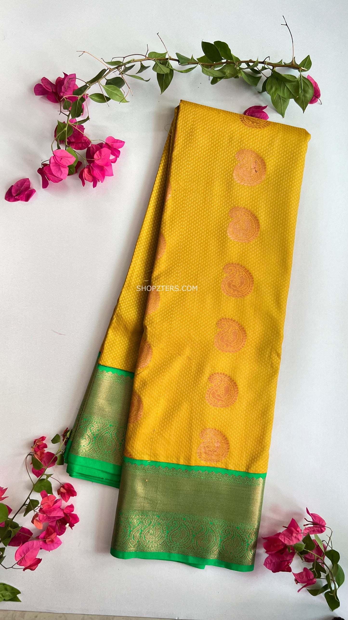 Yellow With Green Border Semi Silk Saree