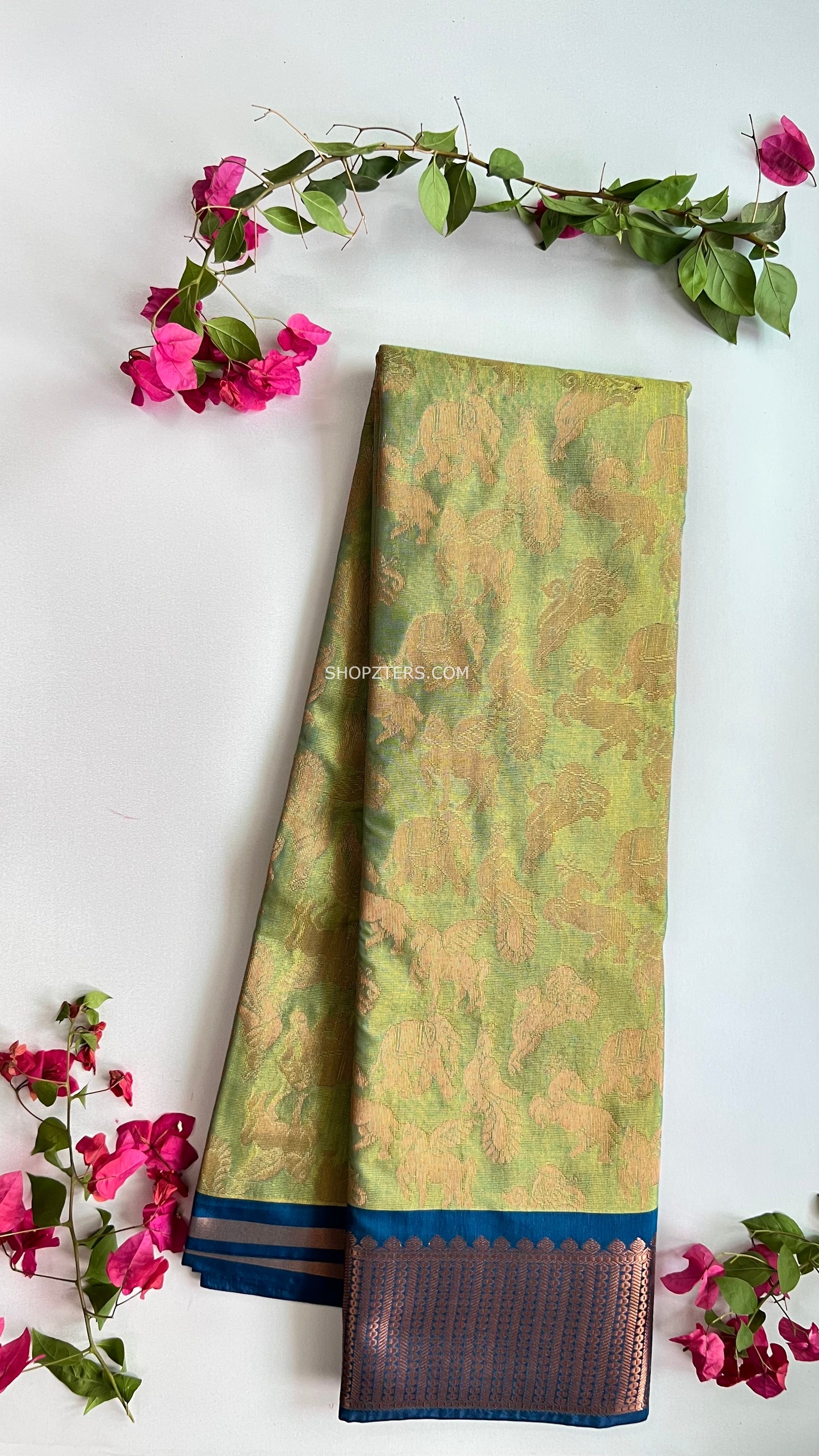 Light Green With Navy Blue Border Semi Silk Saree