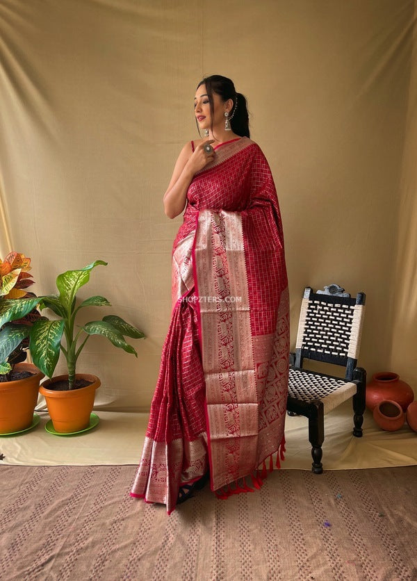 Checked Saree With Silver Zari Motifs