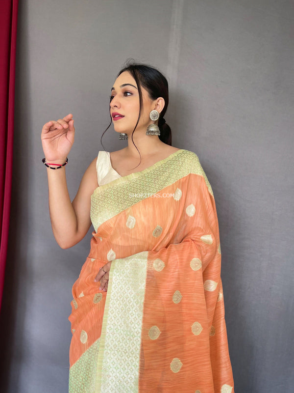Pure Cotton Slub Saree With Contrast Gold Motifs