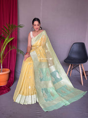 Pure Cotton Slub Saree With Contrast Gold Motifs