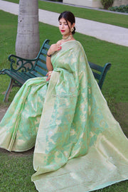 Linen Silk Woven Saree With Jaal Weaves