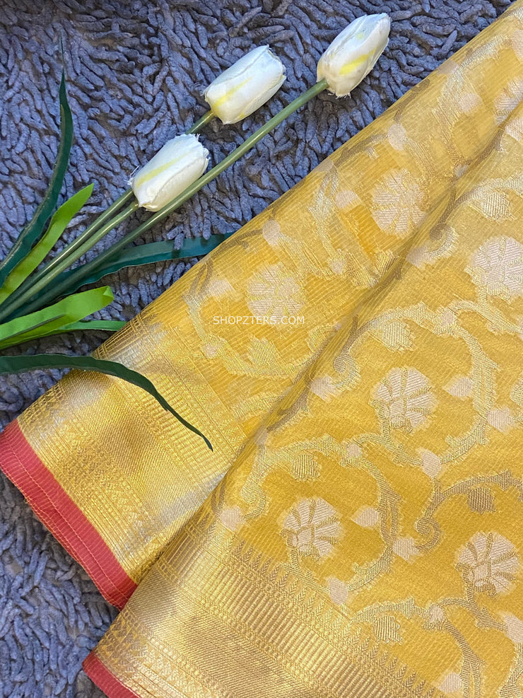 Yellow Floral Banarasi Kota Silk Saree