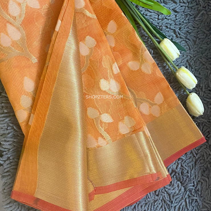 Orange Floral Banarasi Kota Silk Saree